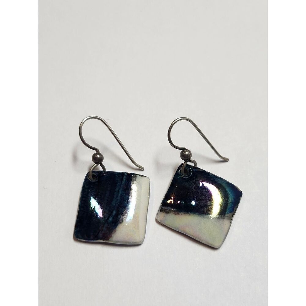 Handmade Iridescent Blue White Square Drop Earrings With Sterling Silver Hooks